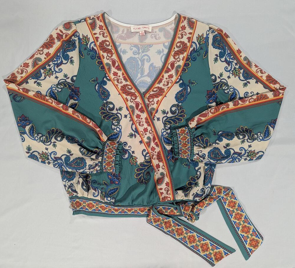 Flying Tomato Blouse Womens M Multicolor Boho Paisley Smocked Waist Crop Top